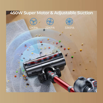 A cordless vacuum cleaner shown on a carpet and wood floor with debris being lifted, plus marketing text reading '450W Super Motor & Adjustable Suction' and suction pressure levels 12KPA, 22KPA, and 33KPA.