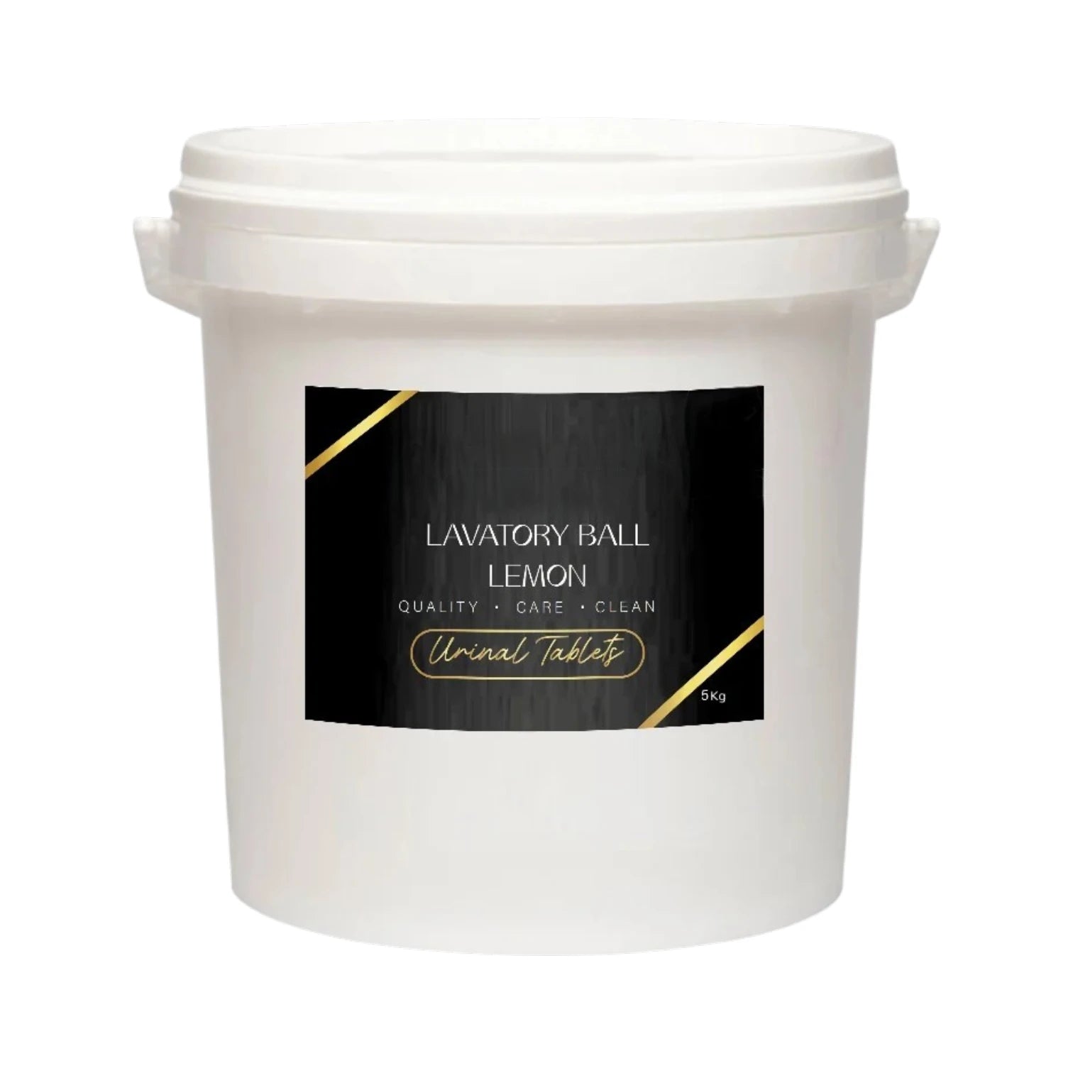 A white plastic bucket of Unical Lavatory Ball Lemon scent, featuring a black label with gold accents and white text.