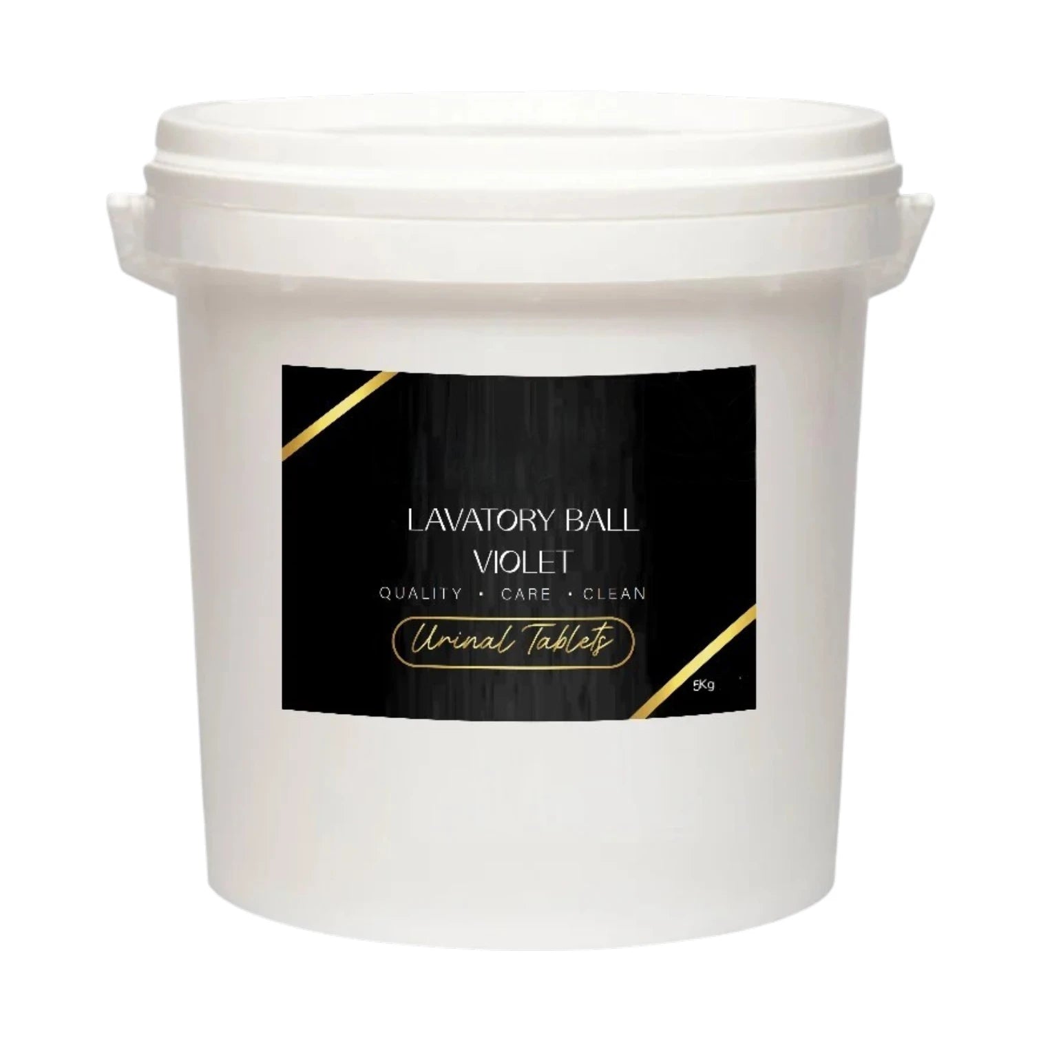 A white plastic bucket of Lavatory Ball Violet Urinal Tablets, featuring a black label with gold accents and white text.