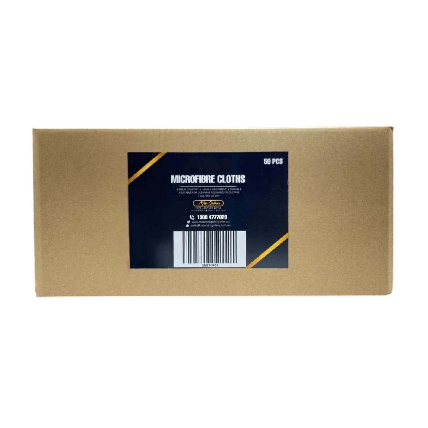 A brown cardboard box with a black and gold label reading 'MICROFIBRE CLOTHS' and '60 PCS' on a plain white background.
