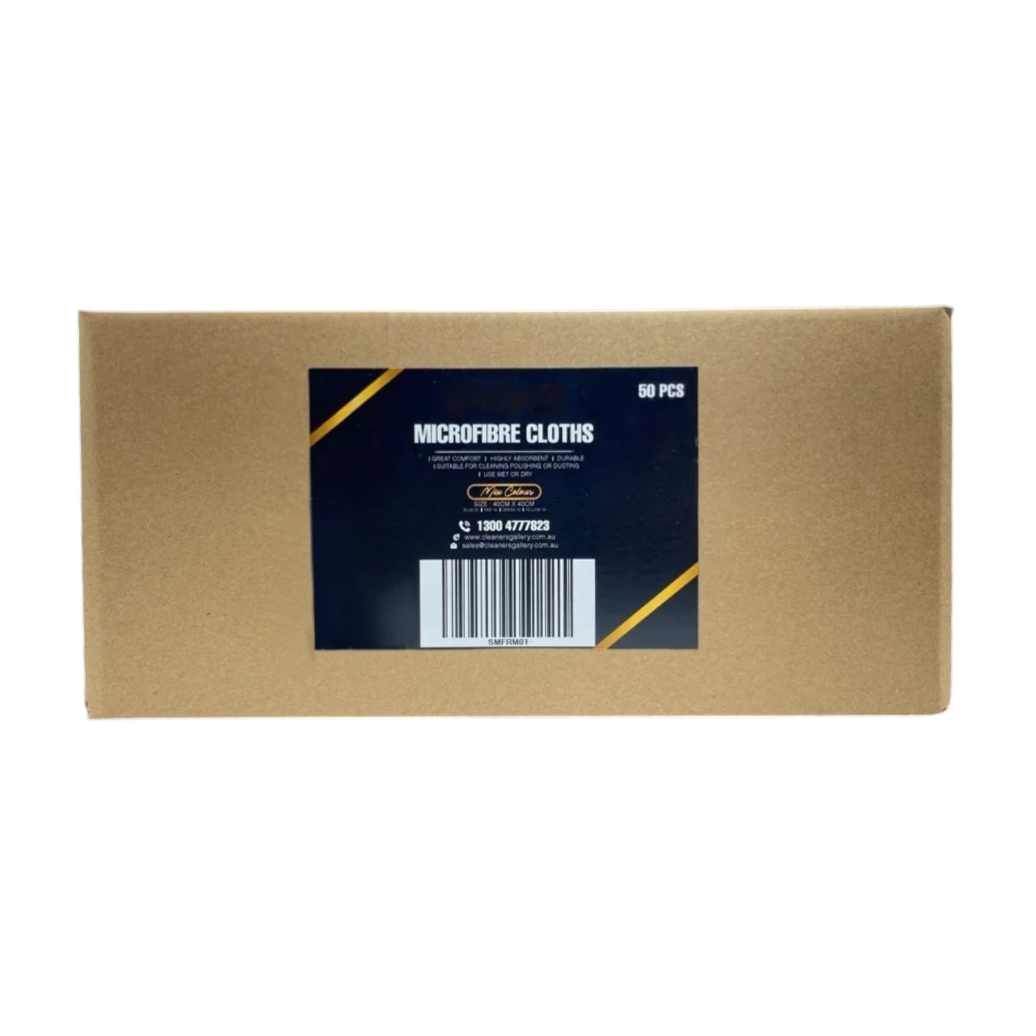 A brown cardboard box with a black and gold label reading 'MICROFIBRE CLOTHS' and '60 PCS' on a plain white background.