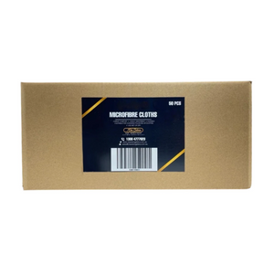 A brown cardboard box with a black and gold label reading 'MICROFIBRE CLOTHS' and '60 PCS' on a plain white background.