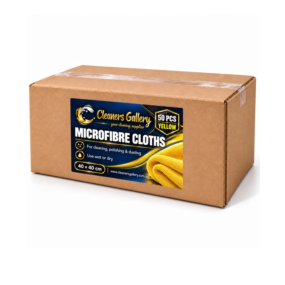 A brown cardboard box of Cleaners Gallery Microfibre Cloths, 50 pieces, yellow, with a black and yellow label on the front, set against a plain white background.