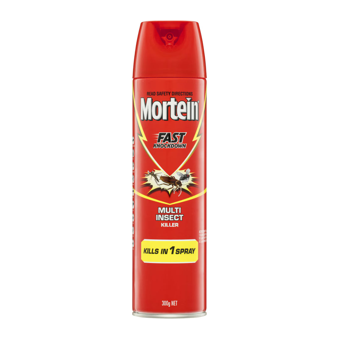 A 300g red aerosol can of Mortein Fast Knockdown Multi Insect Killer, shown on a solid white background.