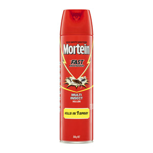 A 300g red aerosol can of Mortein Fast Knockdown Multi Insect Killer, shown on a solid white background.