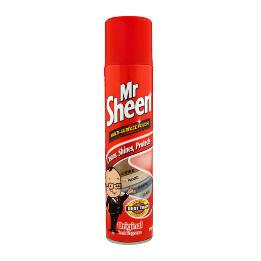 A red aerosol can of Mr Sheen Multi-Surface Polish, featuring the brand name in white text with a black outline, and a cartoon character on the label.