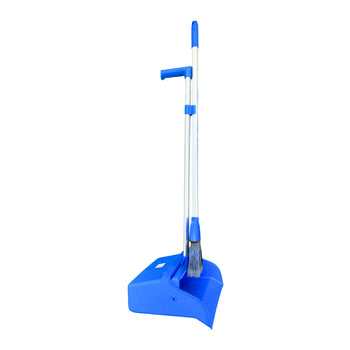A blue and white floor cleaning set featuring a dustpan, broom, and a long-handled scraper, shown against a plain white background.