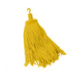 A bright yellow cotton mop head with a matching yellow plastic handle and hanging hook, isolated on a white background.