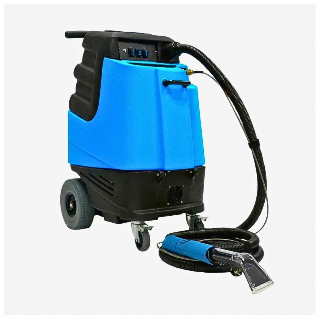 A blue and black industrial floor cleaning machine with a wheeled base, control panel, flexible hose, and a blue-and-black spray wand on a light gray background.
