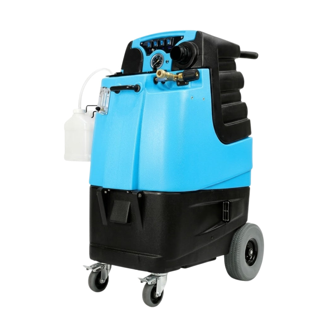 A blue and black industrial floor cleaning machine with caster wheels, a top handle, and a white fuel or solution container attached on the left side, shown against a plain white background.