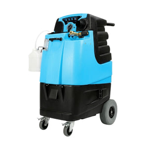 A blue and black industrial floor cleaning machine with caster wheels, a top handle, and a white fuel or solution container attached on the left side, shown against a plain white background.
