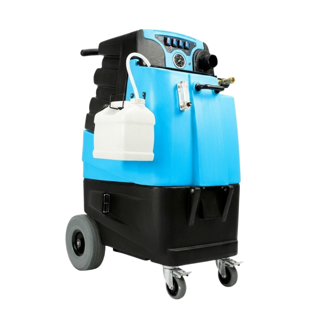 A blue and black industrial cleaning machine with a white plastic container attached on the side, set against a plain white background.