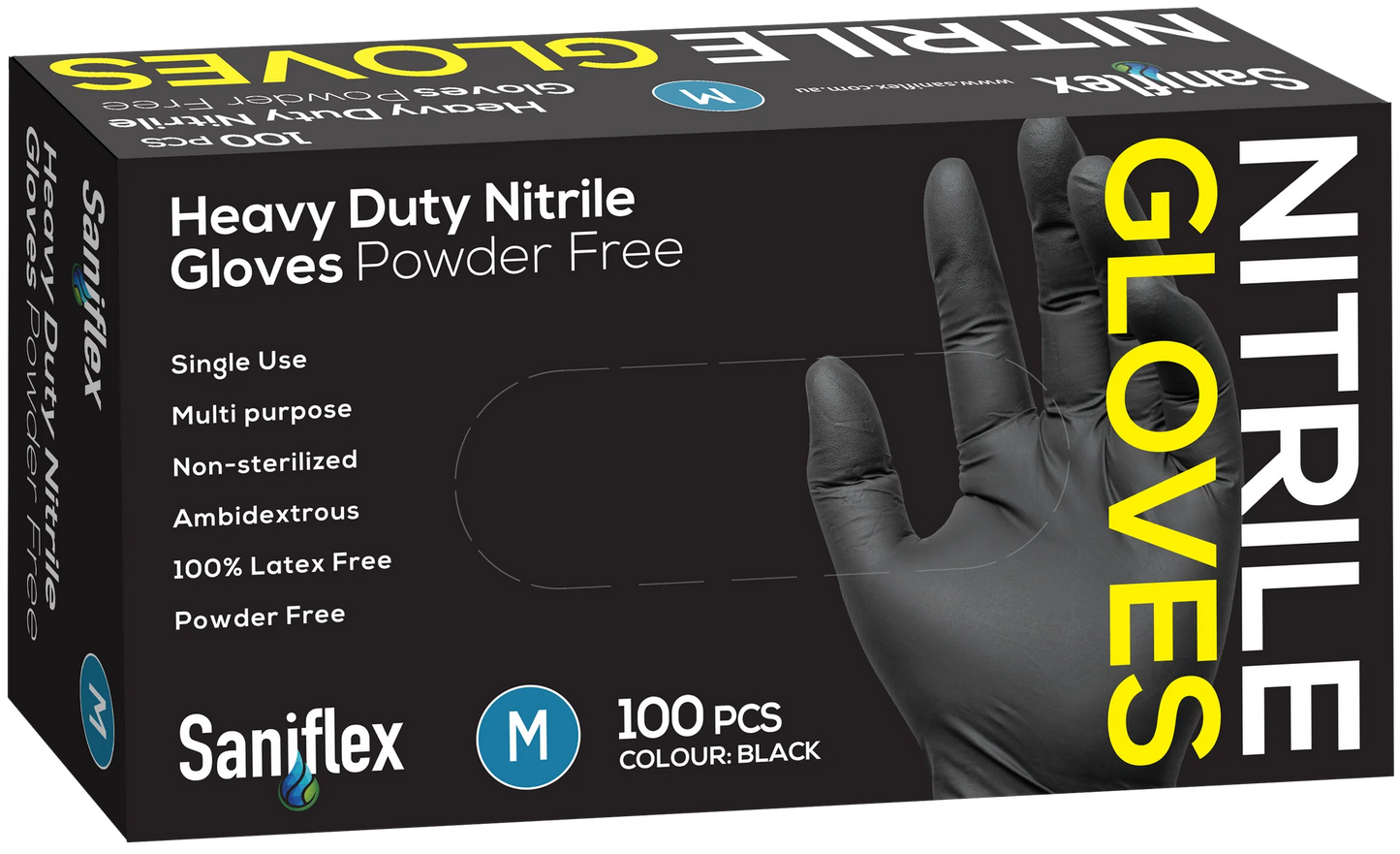 Saniflex Heavy Duty Black Nitrile Gloves 100 Pack Medium