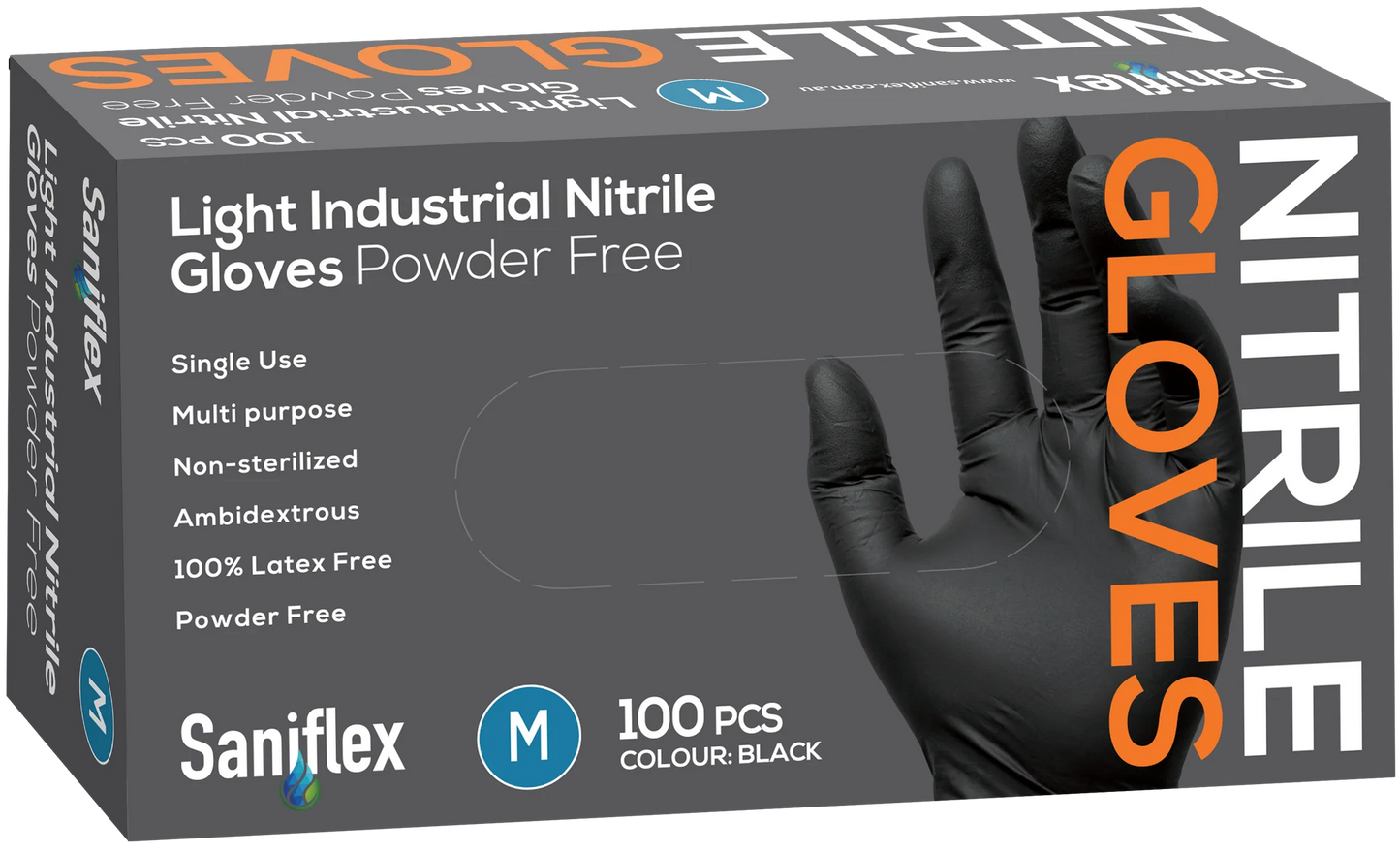 Saniflex Light Industrial Black Nitrile Gloves 100 Pack Medium