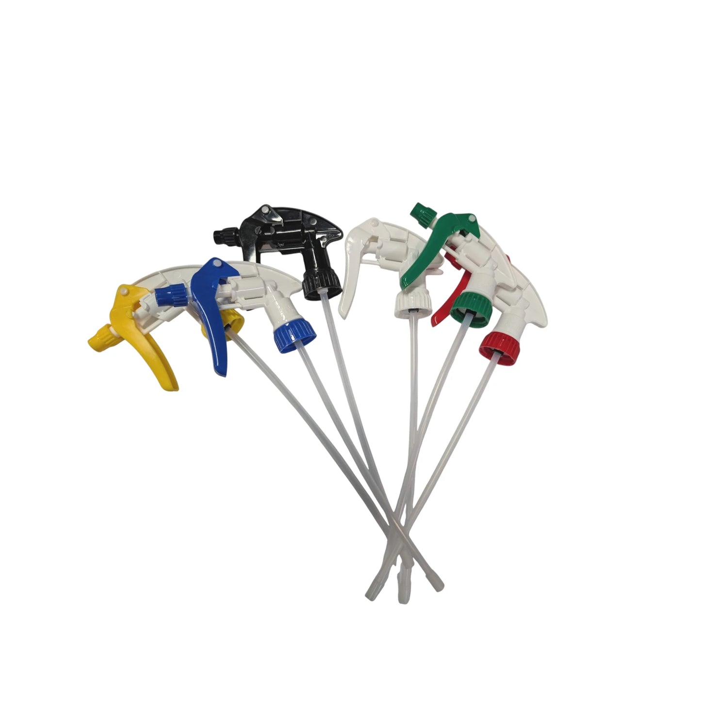 Four spray nozzles with white plastic bodies and stems, each featuring a different colored trigger head in yellow, blue, black, and green, with red and green accents on the spray tips.