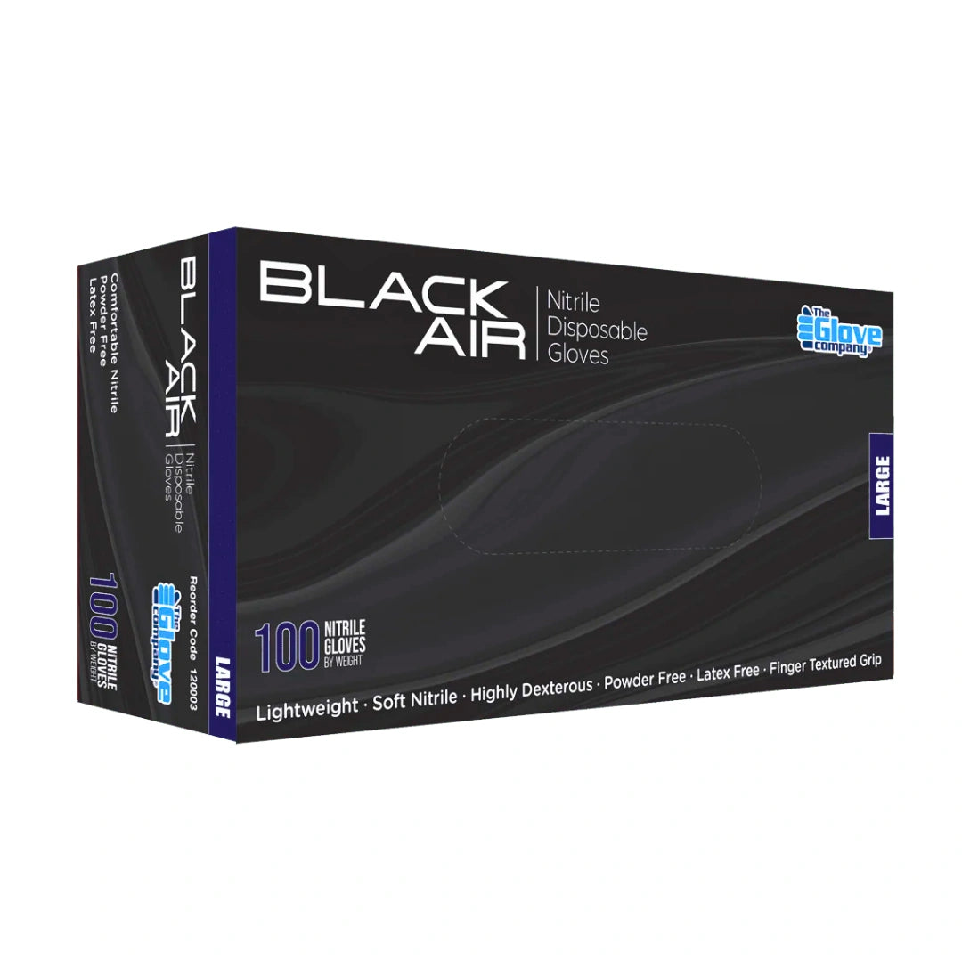 A box of Black Air brand disposable nitrile gloves in Large size, containing 100 gloves. The packaging is predominantly black with blue and white text and accents.