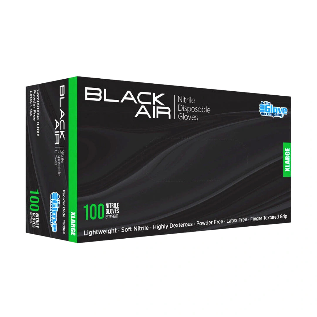 A box of Black Air nitrile disposable gloves, size XL-ARGE, containing 100 gloves. The packaging is predominantly black with a bright green stripe on the left side and white text detailing the product features.