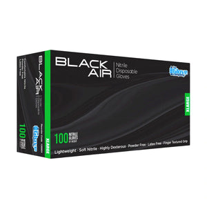 A box of Black Air nitrile disposable gloves, size XL-ARGE, containing 100 gloves. The packaging is predominantly black with a bright green stripe on the left side and white text detailing the product features.