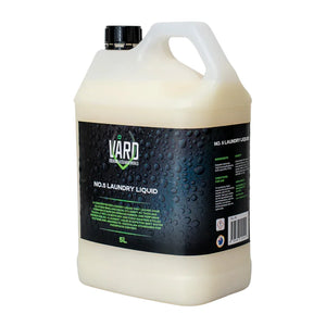 A 5L plastic jug of Vard No. 8 Laundry Liquid, filled with an off-white liquid and featuring a black cap and a dark label with green and white text.