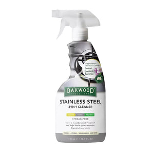 Oakwood Stainless Steel 3-in-1 Cleaner spray bottle in a white and gray plastic container with a trigger sprayer, featuring a lemon scented borax label.