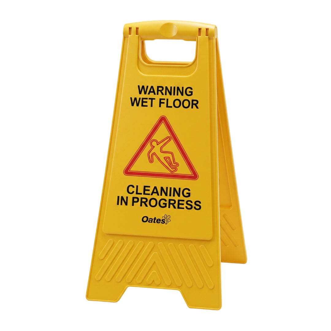 Yellow plastic A-frame wet floor sign with 'WARNING WET FLOOR' and 'CLEANING IN PROGRESS' text, plus an Oates logo, shown on a white background.