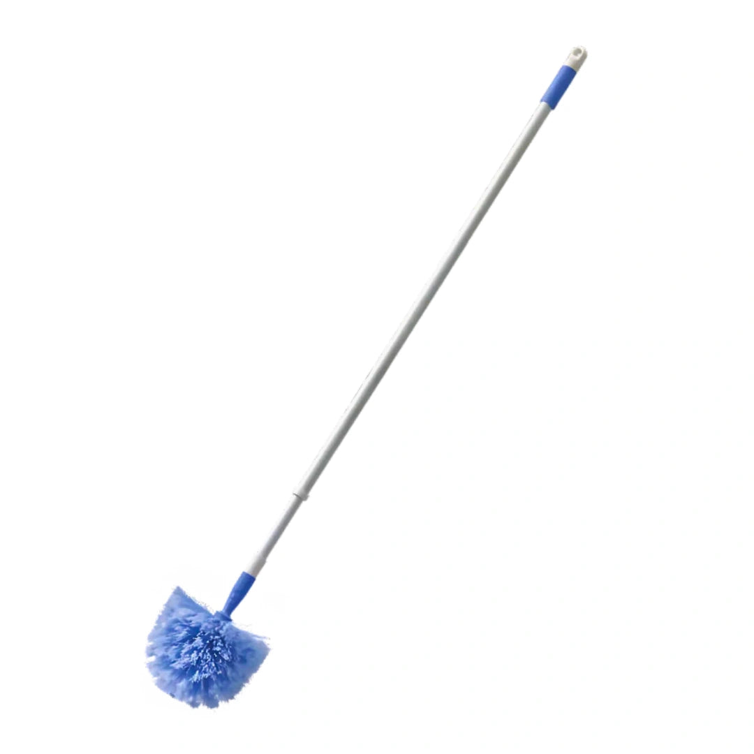 A long-handled cleaning brush with a light blue fluffy bristle head and blue handle accents, shown diagonally on a plain white background.