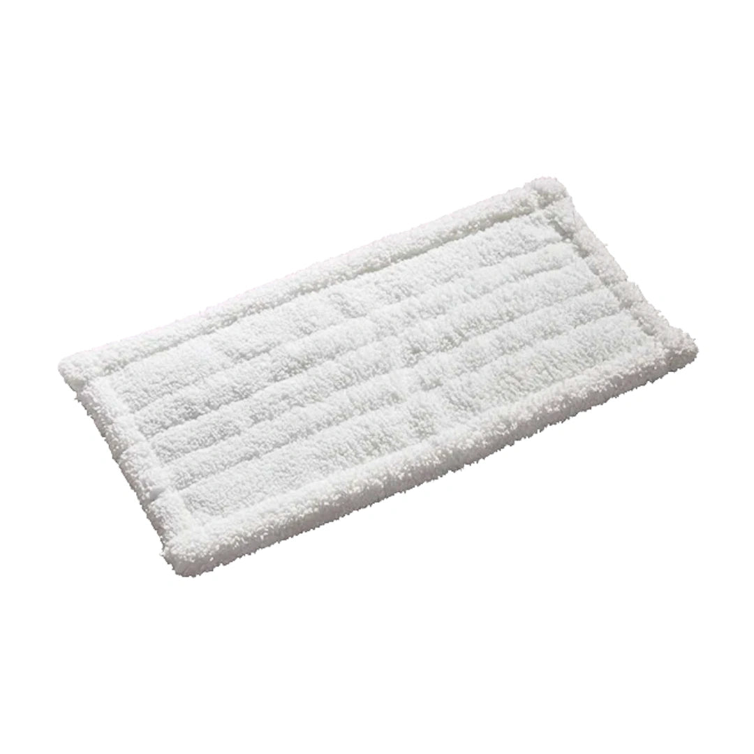 A rectangular white bath mat with a textured, plush terry cloth surface and a stitched border, shown on a plain white background.