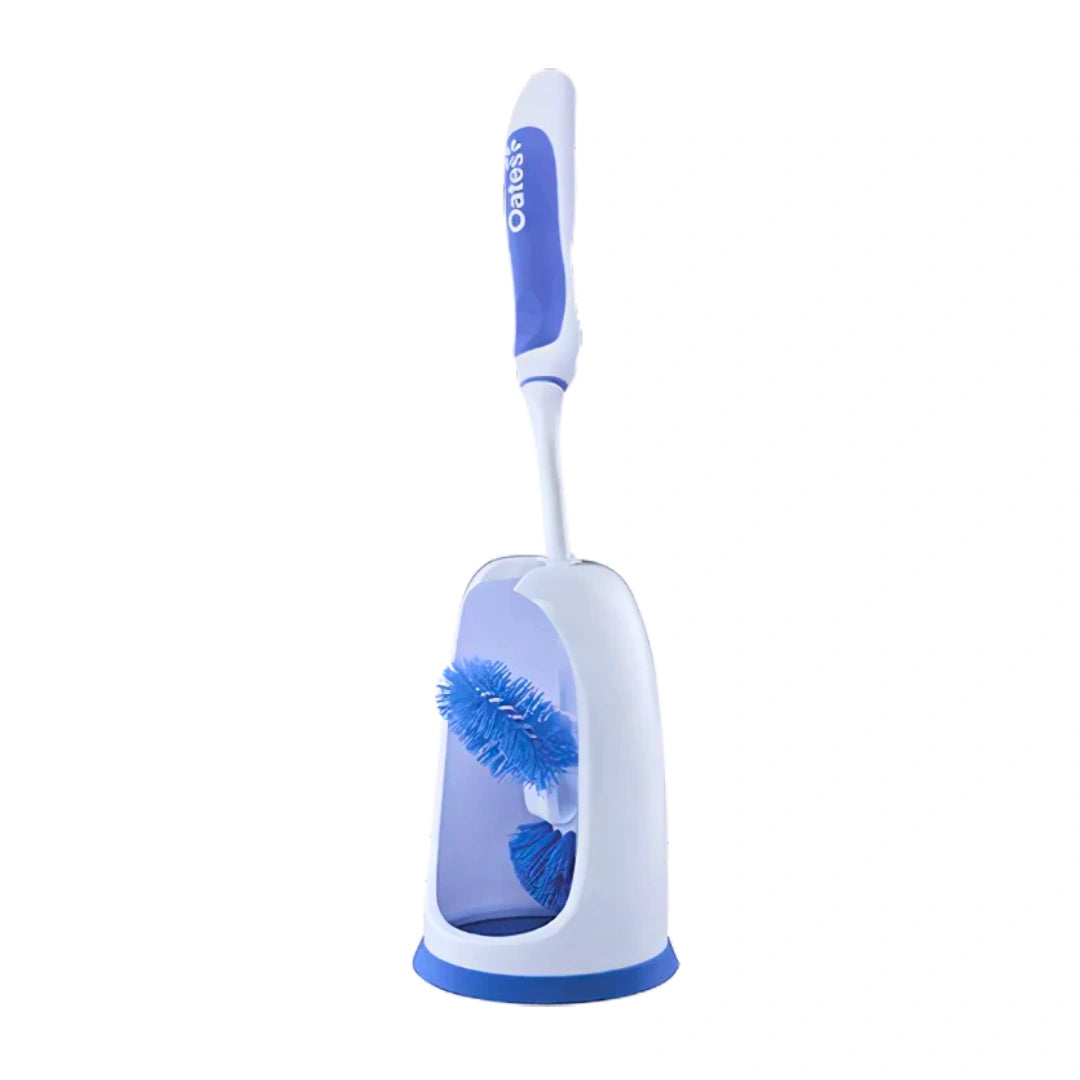 A blue and white toilet brush with a matching stand, shown on a solid white background. The brand name 'Orales' is visible on the handle.
