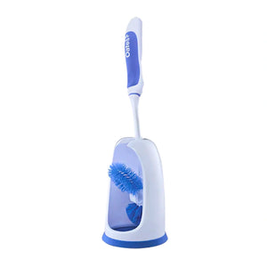 A blue and white toilet brush with a matching stand, shown on a solid white background. The brand name 'Orales' is visible on the handle.
