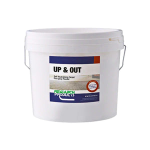 A white plastic bucket of Research Products UP & OUT Self Neutralising Carpet Pre-spray Powder, featuring a blue and white label with product details.