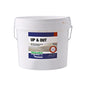 A white plastic bucket of Research Products UP & OUT Self Neutralising Carpet Pre-spray Powder, featuring a blue and white label with product details.