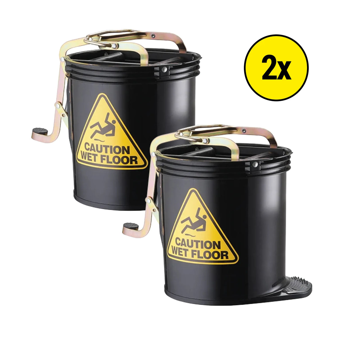 Two black wet floor buckets with metal handles and yellow caution signs, shown on a white background with a yellow '2x' badge.