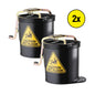 Two black wet floor buckets with metal handles and yellow caution signs, shown on a white background with a yellow '2x' badge.