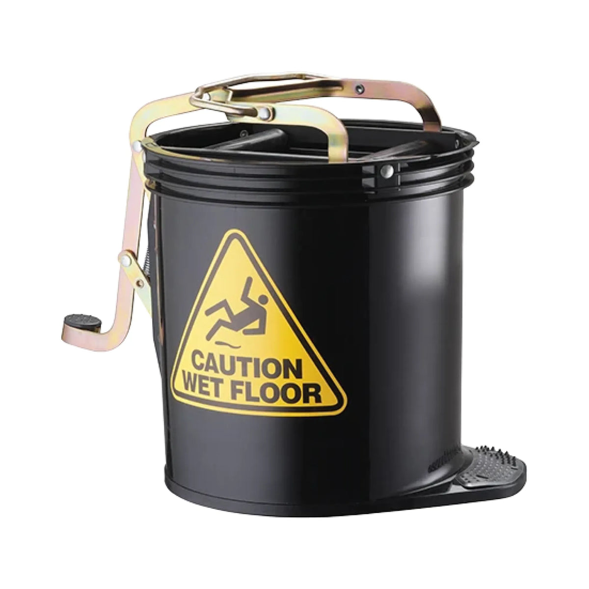 A black metal mop bucket with a foot pedal, a gold-colored handle, and a yellow 'CAUTION WET FLOOR' warning sign on the front, shown against a plain white background.