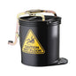 A black metal mop bucket with a foot pedal, a gold-colored handle, and a yellow 'CAUTION WET FLOOR' warning sign on the front, shown against a plain white background.