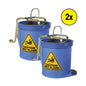 Two blue industrial floor buckets with metal handles and warning labels, shown on a white background with a yellow '2x' badge.
