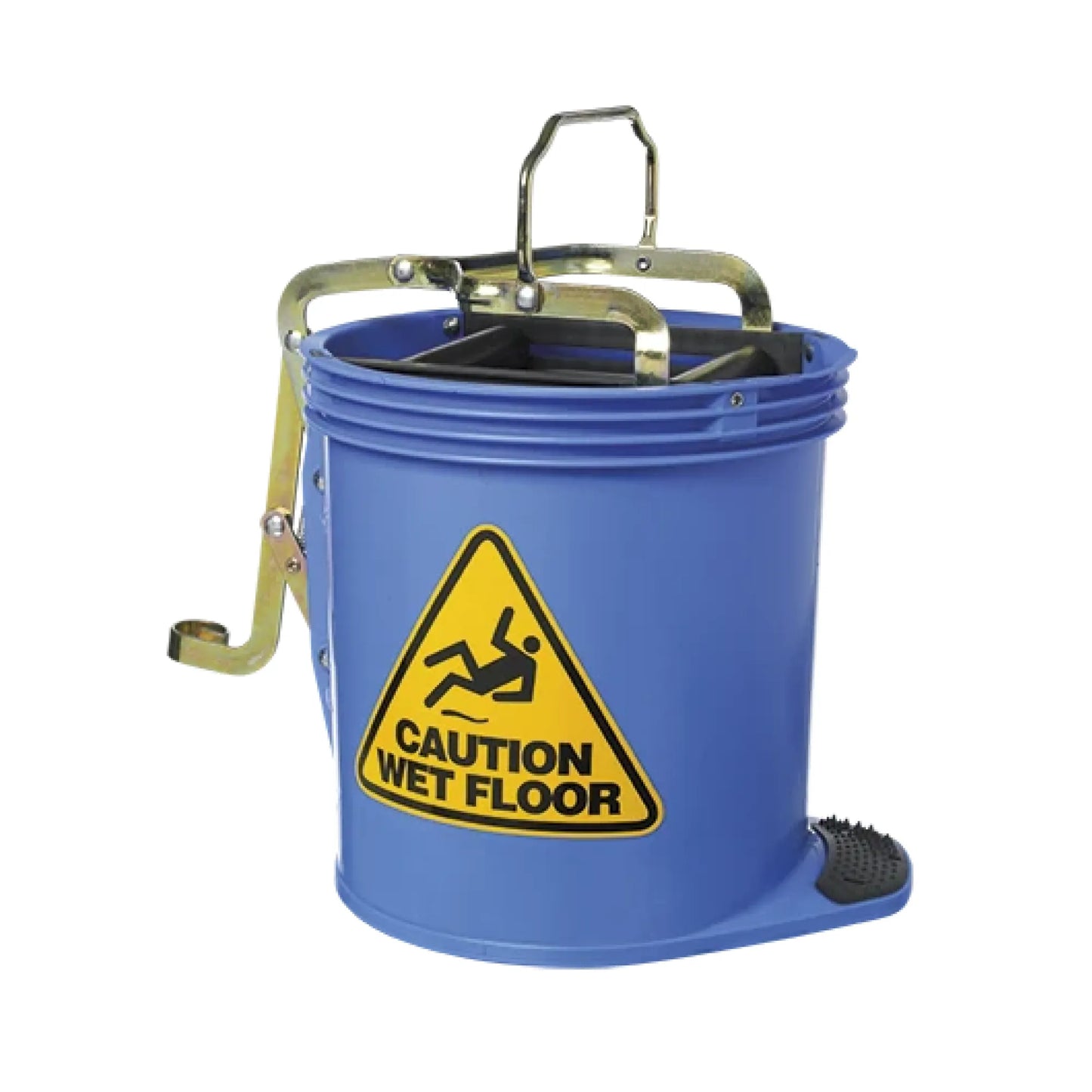 A blue plastic floor mop bucket with a metal handle, foot pedal, and a yellow 'CAUTION WET FLOOR' warning label on the front, isolated on a white background.