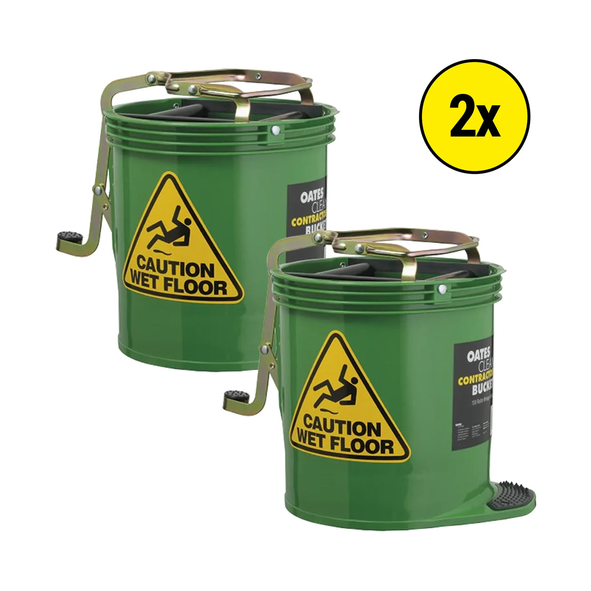 Two green Oates Wet Floor Bucket Mop Tractors with caution wet floor signs, shown on a white background with a yellow '2x' badge.