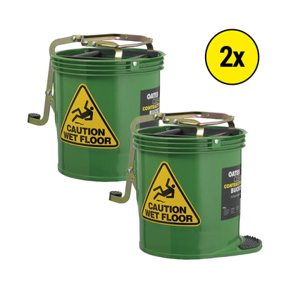 Two green Oates Wet Floor Bucket Mop Tractors with caution wet floor signs, shown on a white background with a yellow '2x' badge.