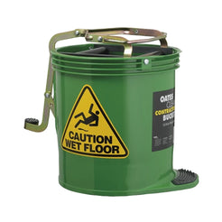 A green Oates Clean Contract Bucket with a hand crank, metal handle, rubber foot, and a yellow 'CAUTION WET FLOOR' sign on the side, shown on a white background.