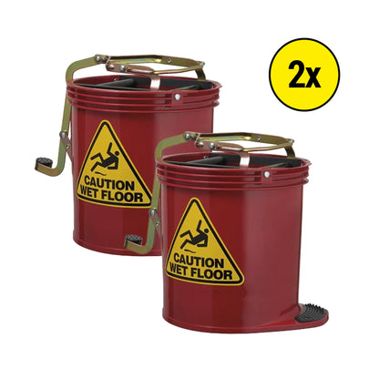 Two red industrial buckets with metal handles and yellow 'CAUTION WET FLOOR' warning labels, shown on a white background with a yellow '2x' badge.