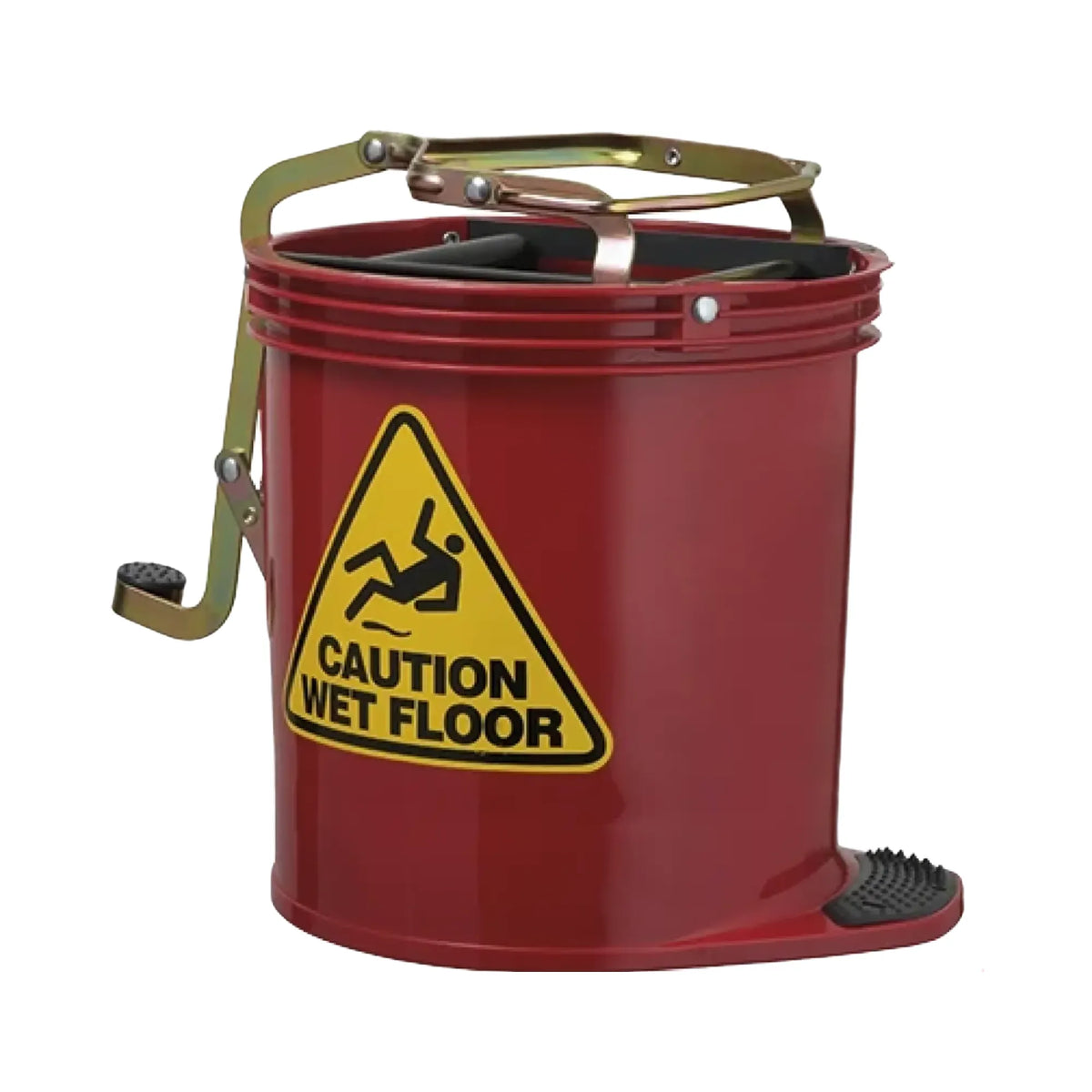 A red metal mop bucket with a yellow caution wet floor sign on the front, a brass handle, and a black rubber foot pedal on a white background.