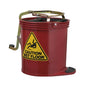 A red metal mop bucket with a yellow caution wet floor sign on the front, a brass handle, and a black rubber foot pedal on a white background.