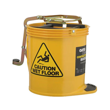 A yellow industrial floor cleaning bucket with a metal handle, foot pedal, and a prominent 'CAUTION WET FLOOR' warning label on the front.