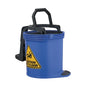 A blue plastic mop bucket with a black foot pedal and handle, featuring a yellow caution wet floor sign on the front, isolated on a white background.