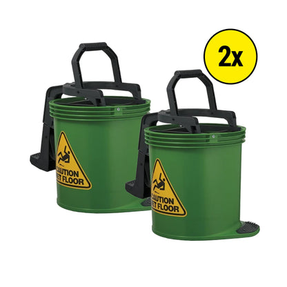 Two green floor cleaning buckets with black handles and yellow caution labels, shown on a white background with a yellow '2x' badge.
