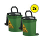 Two green floor cleaning buckets with black handles and yellow caution labels, shown on a white background with a yellow '2x' badge.
