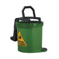 A green floor cleaning bucket with a black handle and foot pedal, featuring a yellow 'CAUTION WET FLOOR' warning label on the front.