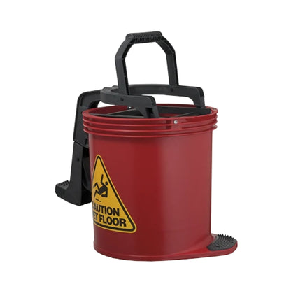 A red plastic mop bucket with a black carrying handle, black foot pedal, and a yellow caution slip-and-fall sign on the side, shown against a plain white background.