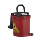 A red plastic mop bucket with a black carrying handle, black foot pedal, and a yellow caution slip-and-fall sign on the side, shown against a plain white background.